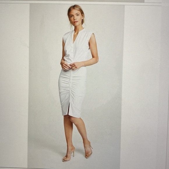 Veronica Beard Ruched Shirt Dress Womens Size 8 Cotton Midi contemporary White - Picture 3 of 12
